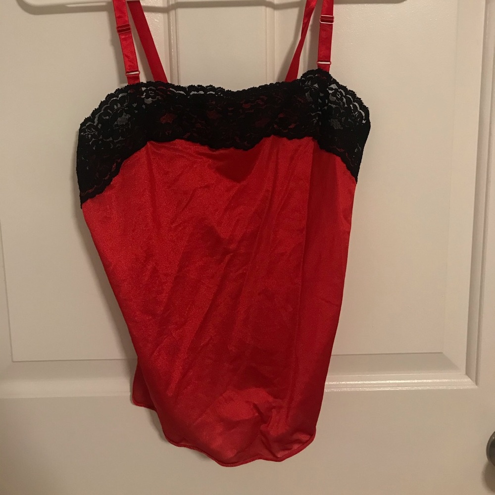 Red silk/satin tank top with black lace detail